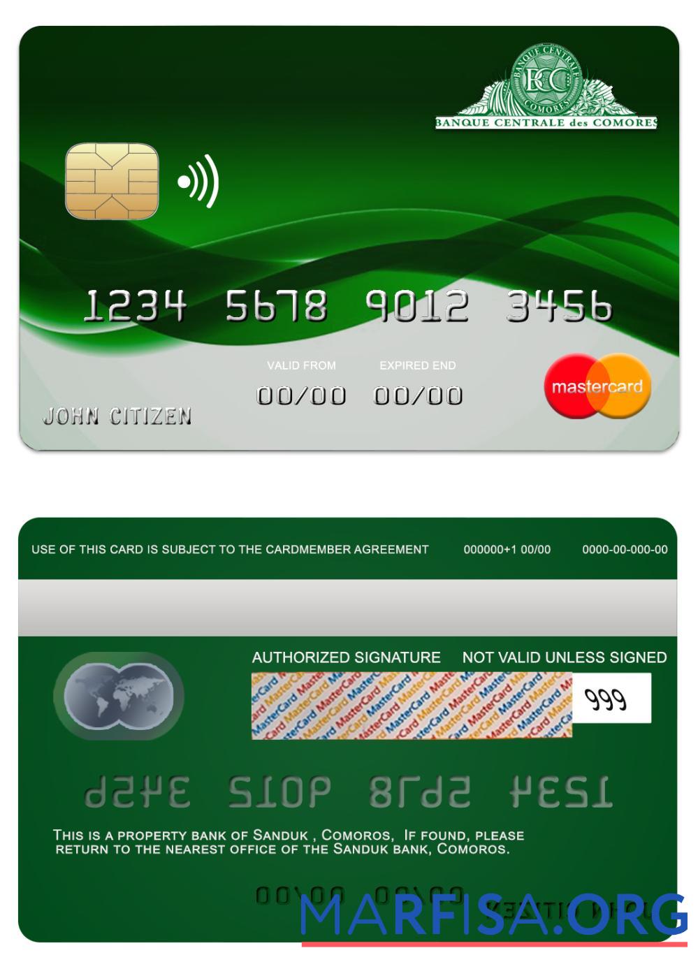 Realistic Comoros Sanduk bank mastercard sample